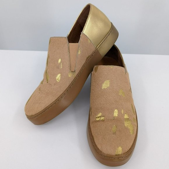 Free People Varsity Sneakers 8 Metallic Gold Calf Hair Leather Slip Ons Comfort - Picture 12 of 13